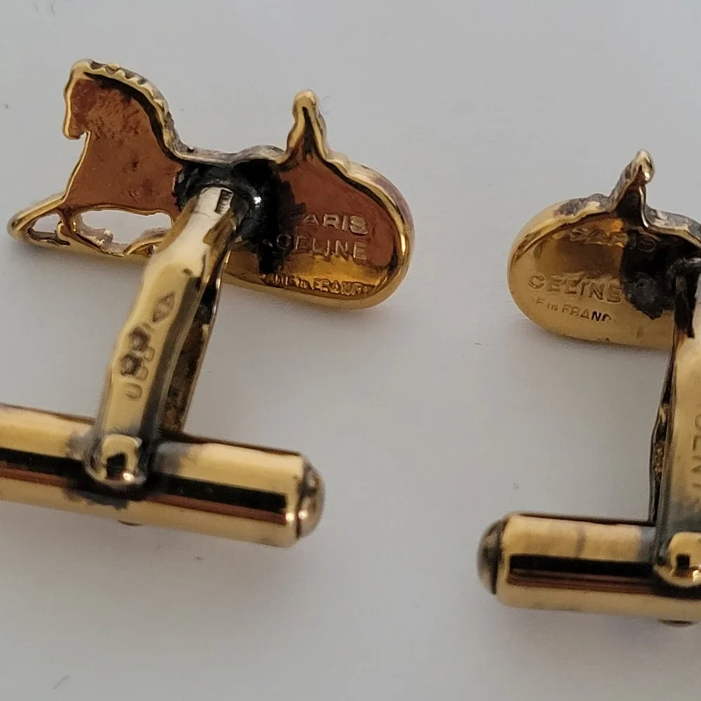 Celine Paris Vintage Horse Carriage Cufflinks Gold Tone Sterling Silver Argent